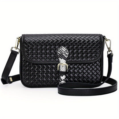 Luxury Woven Crossbody Bag For Women, Genuine Leather Shoulder Bag, Snakeskin Buckle Decor Square Purse