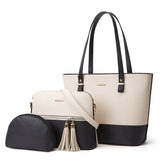 realaiot  Two Tone Tote Bag Set, Large Shoulder Handbag & Tassel Decor Crossbody Bag & Clutch Bag