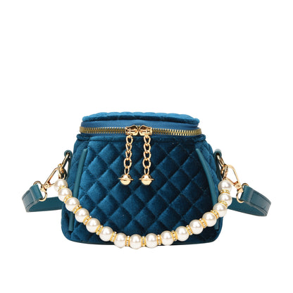 realaiot  Mini Velvet Quilted Crossbody Bag, Pearl Decor Shoulder Bag, Women's Fashion Handbag & Purse