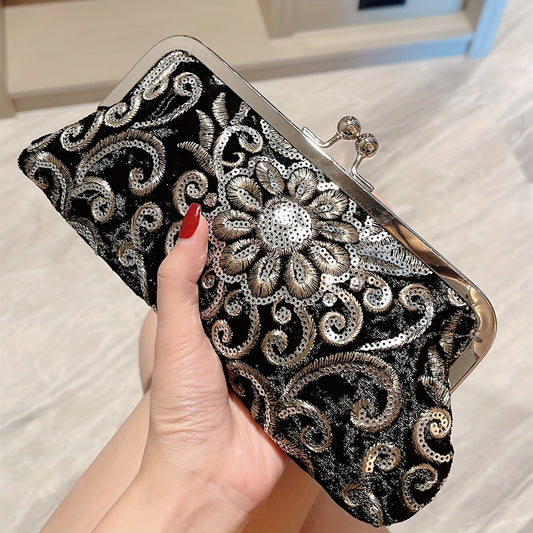 realaiot  Flower Pattern Metal Chain Handbag, Elegent Textured Fabric Frame Purse, Classic Dinner Evening Bag