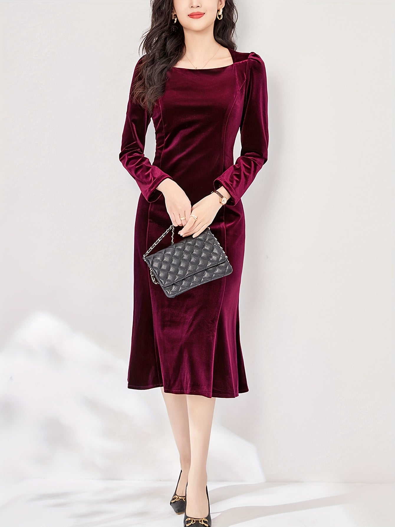 realaiot  Solid Square Neck Slim Dress, Elegant Long Sleeve Ruffle Hem Velvet Dress For Spring & Fall, Women's Clothing