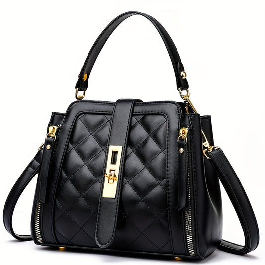 Stylish Argyle Quilted Handbag For Women, Retro PU Leather Crossbody Bag, Top Handle Zipper Purses