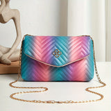 Chevron Quilted Crossbody Bag, Rainbow Design Square Purse, Fashion Chain Shoulder Bag