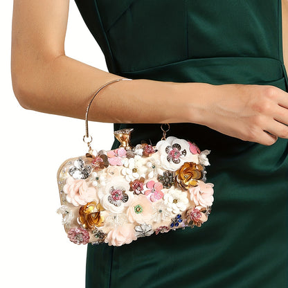 Mini Flower Decor Evening Bag, Elegant Rhinestone Clutch Bag, Women's Exquisite Dinner Bag For Party (19.99cmx11.0cmx4.5cm)