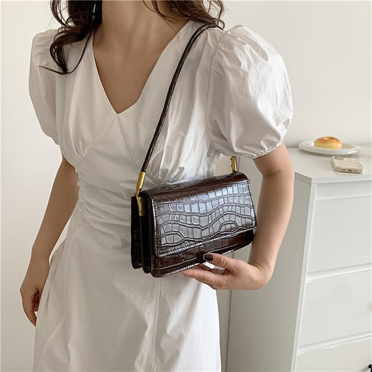 realaiot  Niche Textured Crocodile Pattern Bag, Flap Stylish Underarm Square Bag, PU Leather Handbag Purse