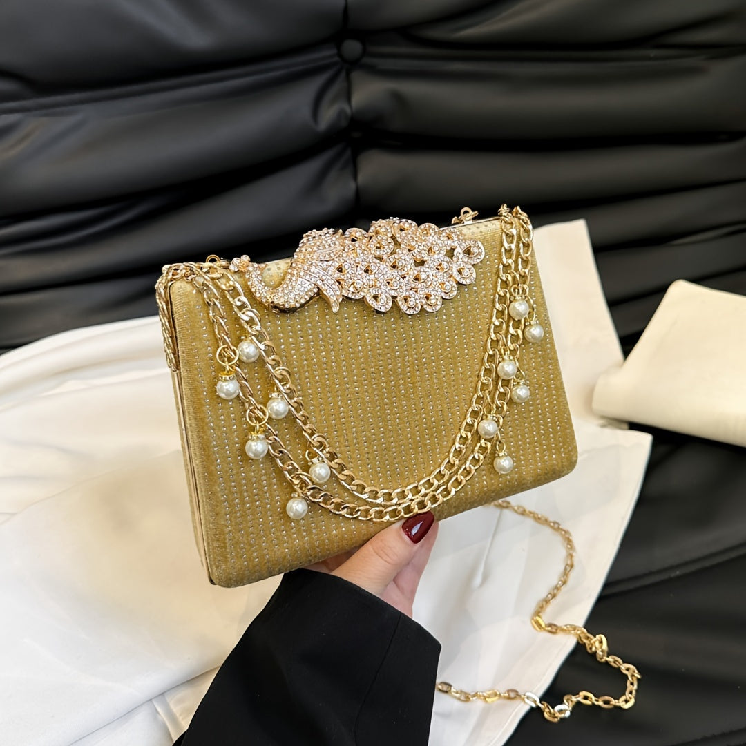 Luxury Rhinestone Evening Bag, Fashion Chain Banquet Handbag, Women's Box Clutch Purse For Wedding Party Prom