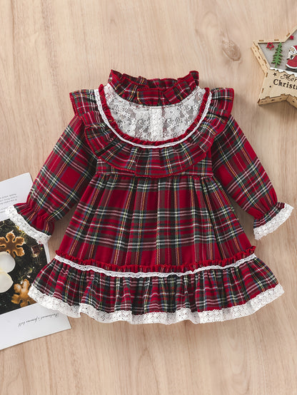 Toddler Girls' Cute Cotton Blend Plaid Dress with High Neck and Ruffle Details, Woven Non-Stretch Fabric, Perfect Fall Season Princess Puff Dress for Christmas Events