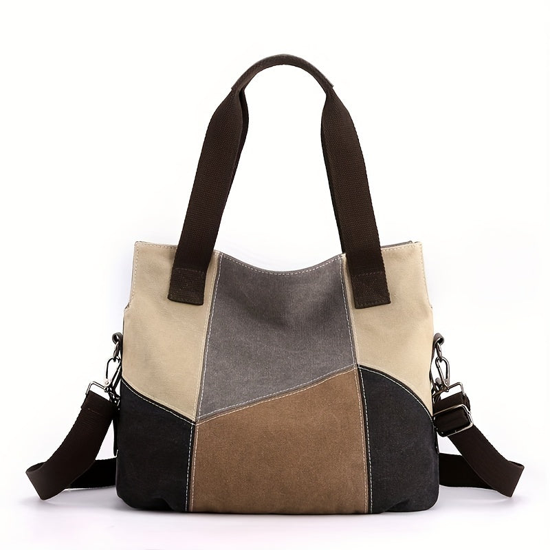 Colorblock Canvas Tote Bag, Large Capacity Crossbody Bag, Vintage Shoulder Bag For Women