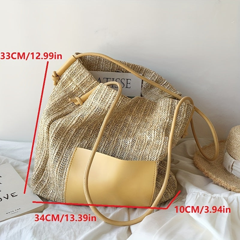 realaiot  Vintage Woven Tote Bag, Fashion Vacation Style Underarm Bag, Perfect Travel Beach Shopping Bag