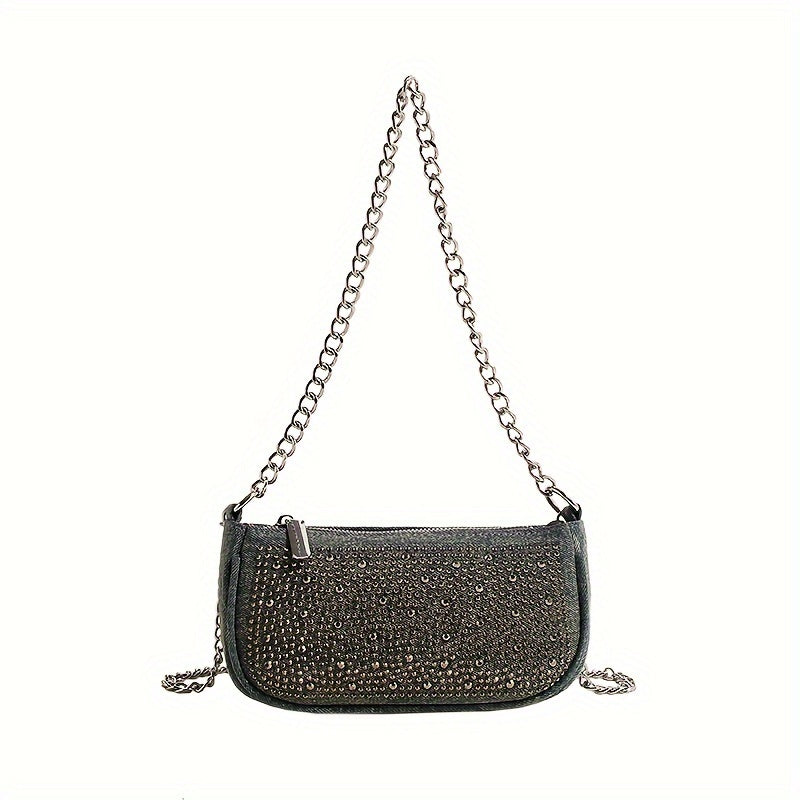 realaiot  Trendy Denim Shoulder Bag, Niche Design Chain Crossbody Bag, Luxury Rhinestone Party Purse For Women