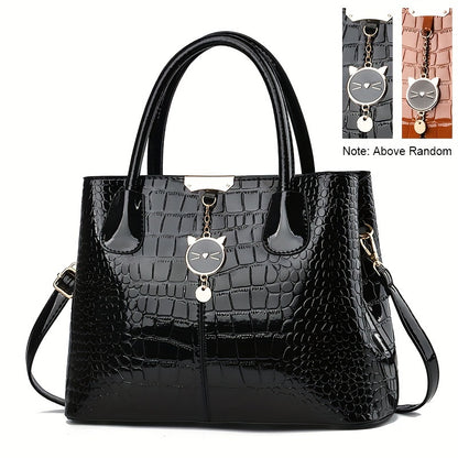 realaiot  Crocodile Pattern Handbag, Stylish Glossy Crossbody Bag, Women's Top Handle Satchel Purse