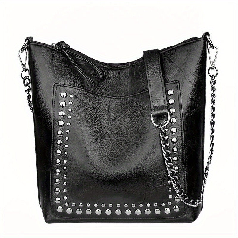 Vintage Style Studded Versatile Shoulder Bag, Rivet PU Leather Stylish Shoulder Bag, Large Capacity Zipper Punk Style Trendy Crossbody Bag