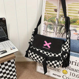realaiot  Checkered Canvas Messenger Bag, Large Capacity Crossbody Bag, Trendy Travel Sports Shoulder Bag
