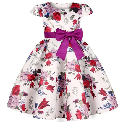 Elegant Floral Print Bowknot Princess Dress for Girls - Fit & Flare Midi with Lace-Up Detail