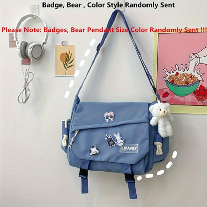 realaiot  Kawaii Pins Decor Messenger Bag, Release Buckle Decor Flap Crossbody Bag, Large Capacity School Bag