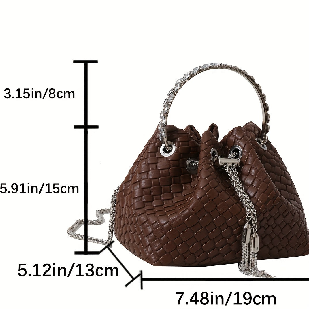 Mini Woven Bucket Bag For Women, Trendy Rhinestone Handbag, PU Leather Crossbody Bag With Chain Strap