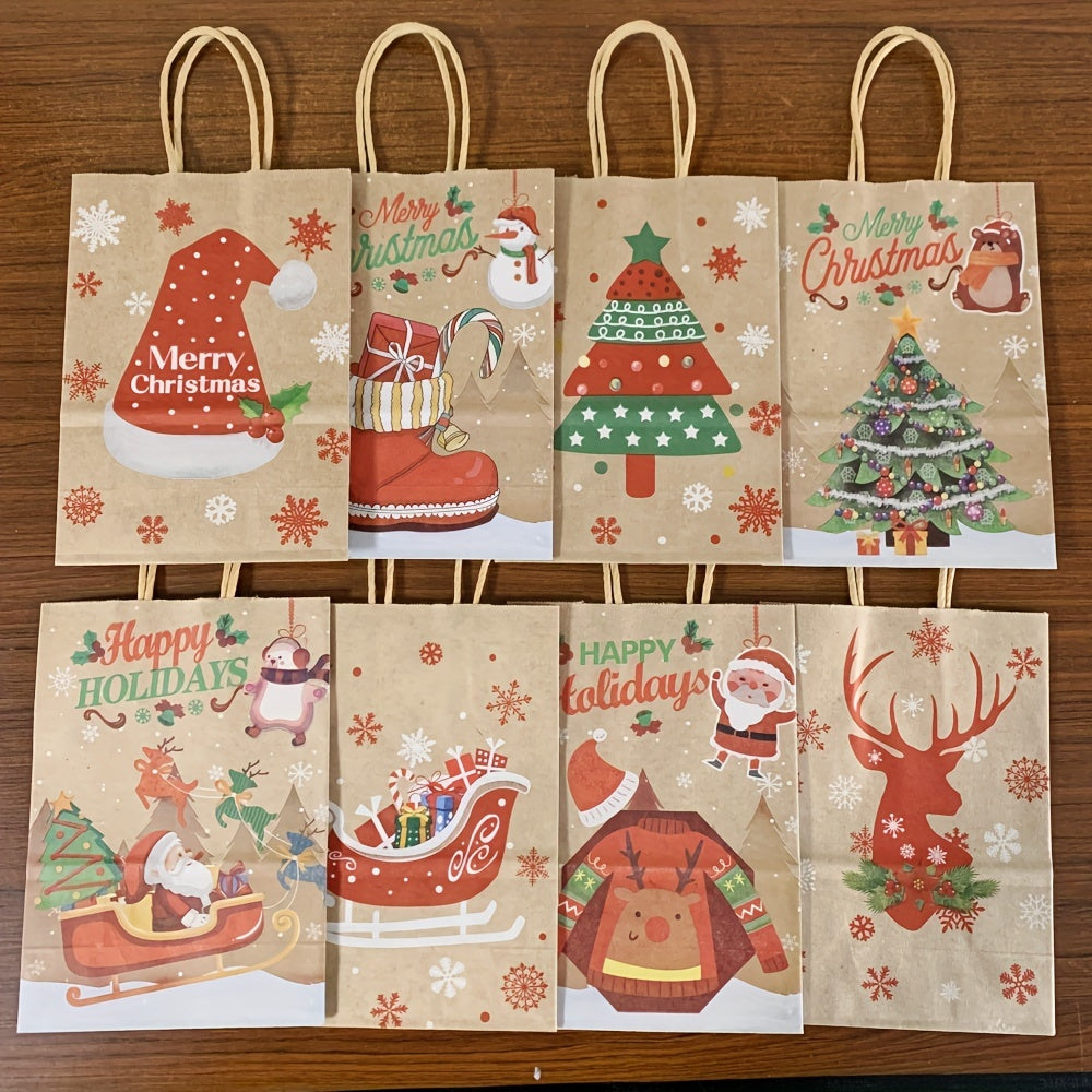 8pcs Christmas Series Kraft Paper Gift Bags With Handles, For Festive Holiday Parties Birthdays Candy Gifts Packaging, Cartoon Elk Snowman Christmas Tree Hat And Other Printed Tote Bag For Christmas Presents, Portable, Easy To Carry - Perfect For Mom, Dad