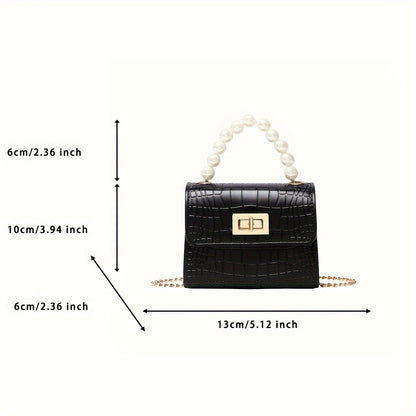 realaiot  Beaded Handles Small Bag, Crocodile Pattern Satchel Bag, Square Bag For Women , Mobile Phone Flap Bag