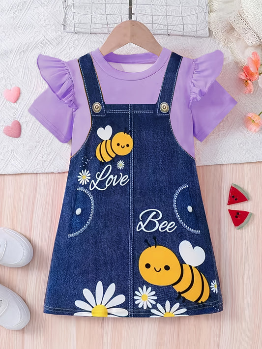 Adorable Cartoon Bee Printed Short Sleeve Dress for Girls - Soft Slight Stretch Polyester Fabric, Loose Fit, Casual Style, Perfect for Summer Outings