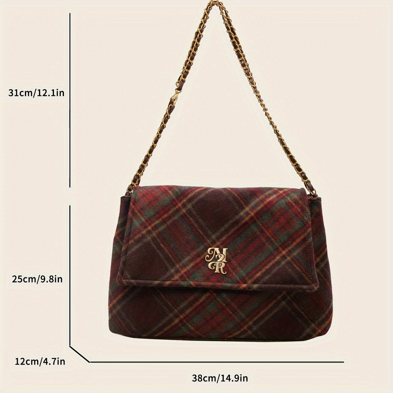 realaiot  Retro Plaid Pattern Crossbody Bag, Trendy Tweed Shoulder Bag, Women's Chain Tote Bag For Autumn And Winter