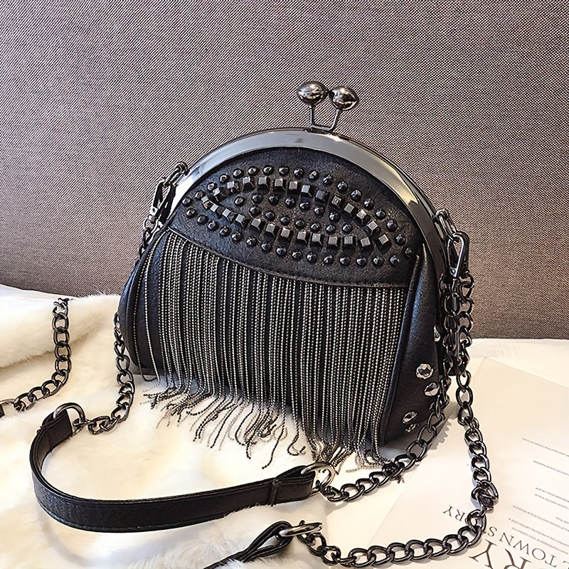 realaiot  Niche Fashionable Kiss-Lock Handbag, Rivets Novelty Tassel Decor Shoulder Chain Bag For Women