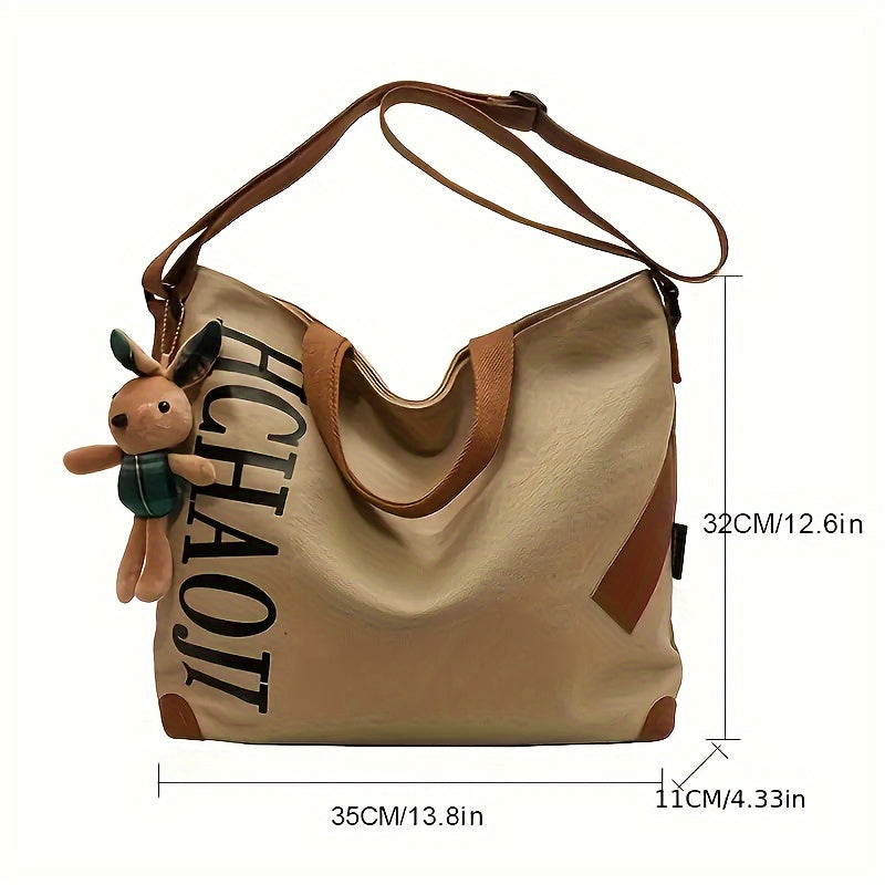 realaiot  Vintage Letter Print Tote Bag, Retro Canvas Crossbody Bag, Women's Casual Handbag, Shoulder Bag & Purse