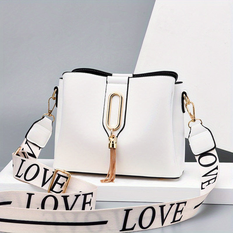 Letters Strap Bucket Bag, Tassel Decor Crossbody Bag, Women's Small Shoulder Purses