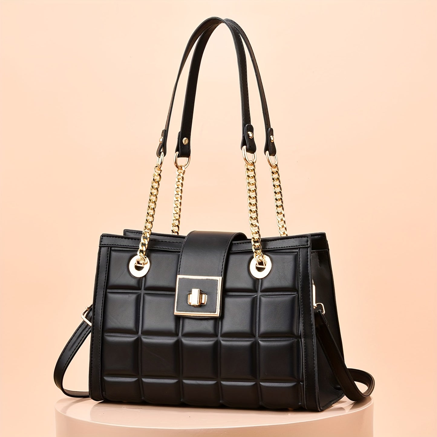 Plaid Embossed Crossbody Bag,  Trendy Chain Shoulder Bag, Turn Lock Handbags For Work