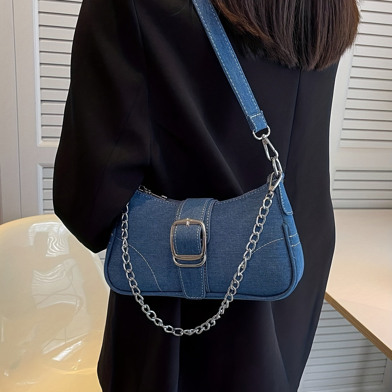 Y2K Denim Crossbody Handbag, Chain Decor Shoulder Bag, Buckle Decor Stitch Chain Baguette Bag