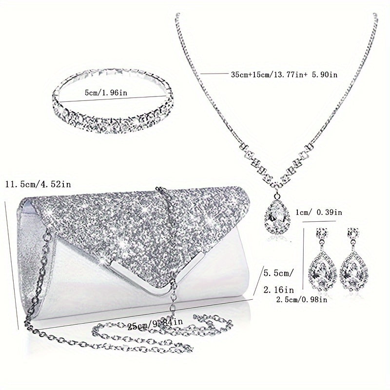 realaiot  Luxury Evening Clutch Bag Set, Elegant Dinner Banquet Purse, Women's Fashion Earrings Necklace Bracelet