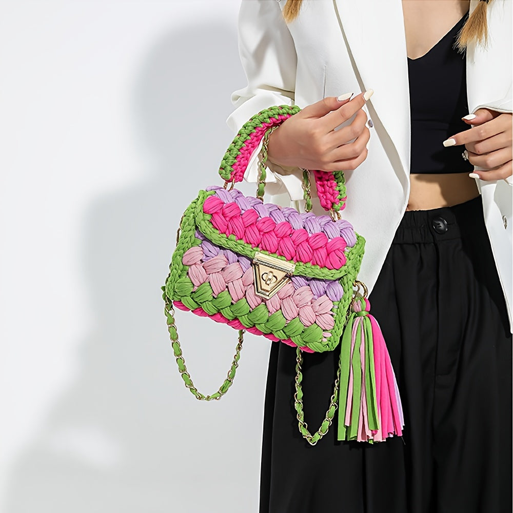 Mini Colorblock Crossbody Bag, Trendy Crochet Shoulder Bag, Women's Fashion Handbag & Purse