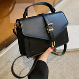 realaiot  Solid Color Crossbody Bag, Fashion Buckle Decor Handbags, Women's Small Flap Square Purse