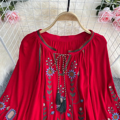 TEELYNN BOHO blouse cotton floral embroidered blouses tassel long lantern sleeve loose Casual hippie women tops blouse and shirt 210315