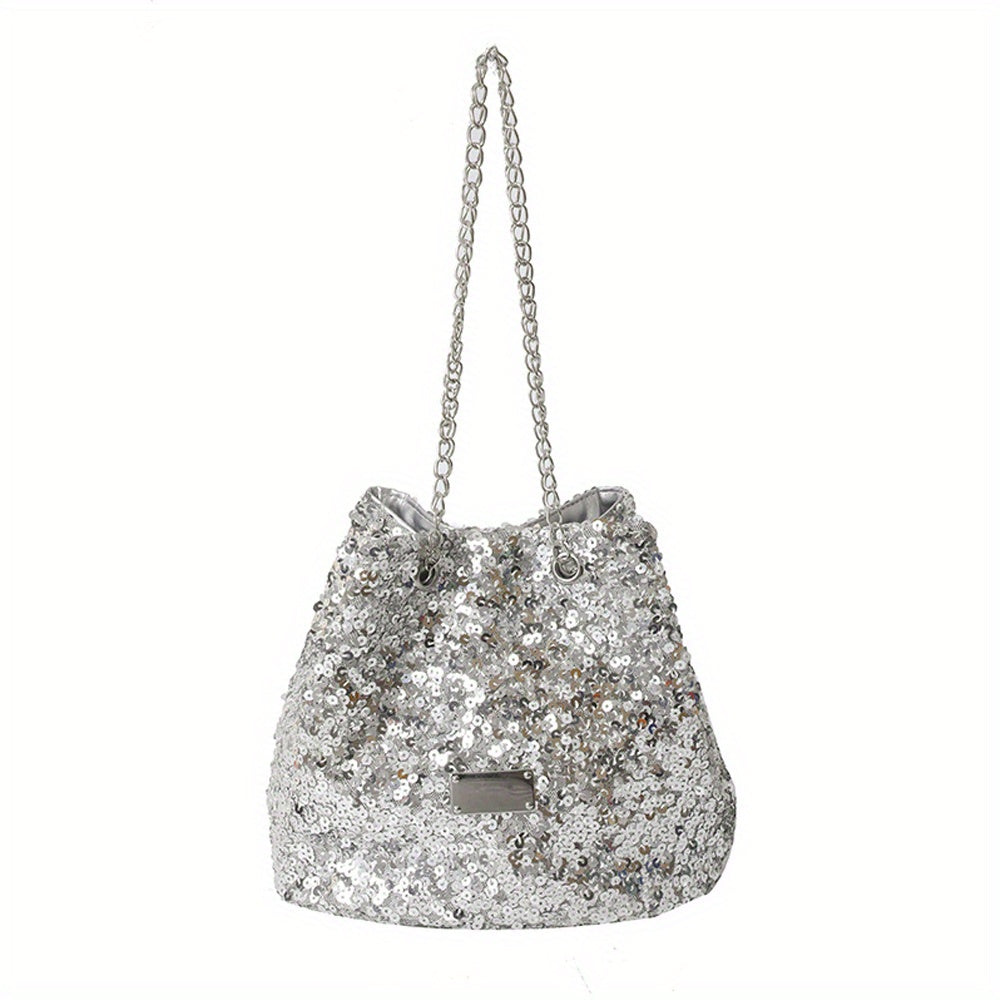 realaiot All Over Sequins Decor Bucket Bag, Glitter Classic Crossbody Bag, Drawstring Bag