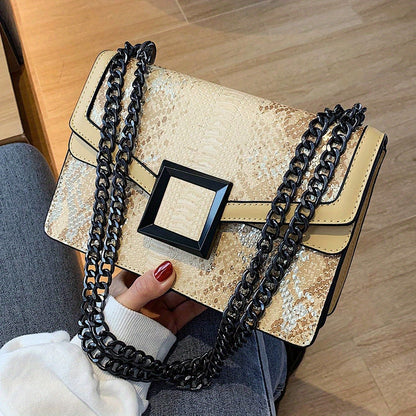 realaiot  Elegant Crossbody Square Bag - Retro Snake Skin Pattern Bag - Classic Flap Chain Shoulder Bag