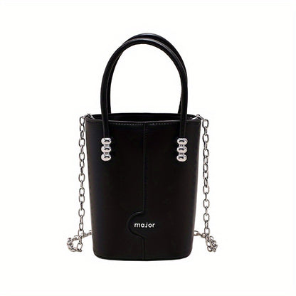 realaiot  Mini Metal Chain Barrel Crossbody Bag, PU Leather Top Handle Bag Purse, Creative Versatile Fashion Shoulder Bag