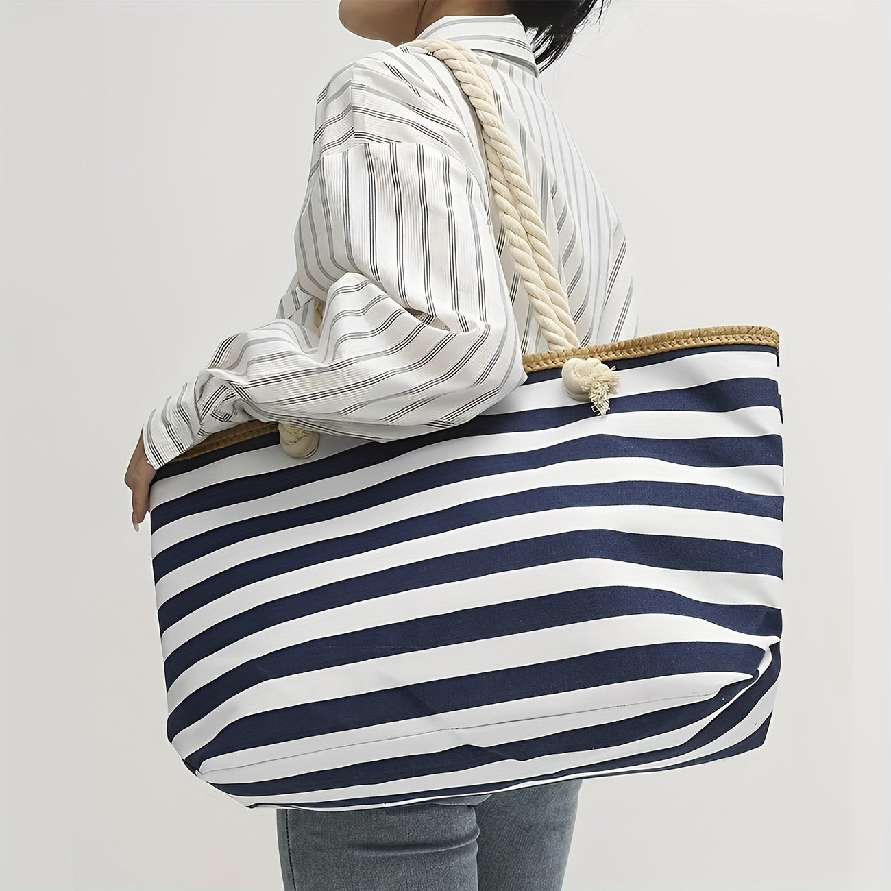 realaiot  1pc Stylish Striped Canvas Tote Bag with Large Capacity for Women - Perfect for Beach, Travel, and Everyday Use