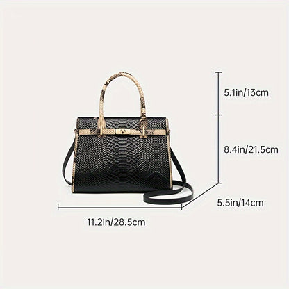 realaiot ZOOLER Snakeskin Pattern Tote Bag, Elegant Genuine Leather Handbag, Fashion Color Contrast Satchel Purse For Women