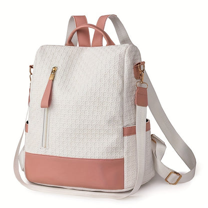 Colorblock Backpack Purse For Women, Geometric Embossed Shoulder Bag, Anti-theft Travel Laptop Schoolbag