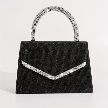 realaiot  Top Handle Rhinestone Decor Evening Bag, Flap Satchel Banquet Bag, Women's Elegant Wedding Prom Bag