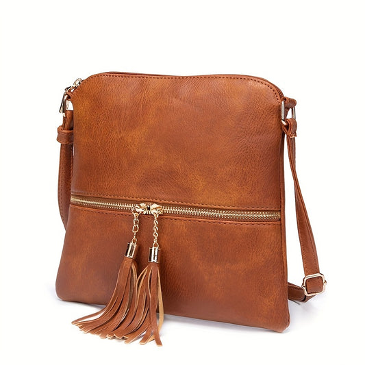 realaiot  Vintage Crossbody Bag For Women, Tassel Decor Square Bag, Boho Style Shoulder Bag