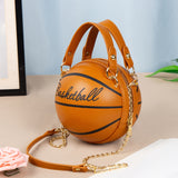 Basketball Shaped Crossbody Bag, Trendy Y2K Chain Shoulder Bag, PU Leather Top Handle Circle Purse