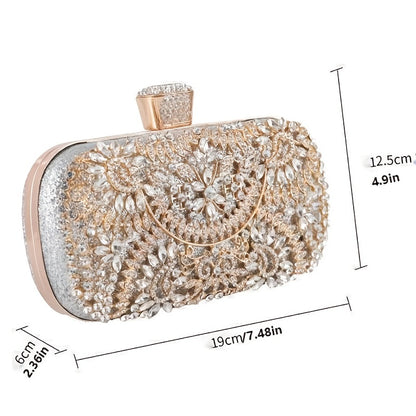 realaiot  Rhinestone Luxury Clutch Bag, Flower Pattern Evening Shoulder Bag With Chain For Party & Dinner