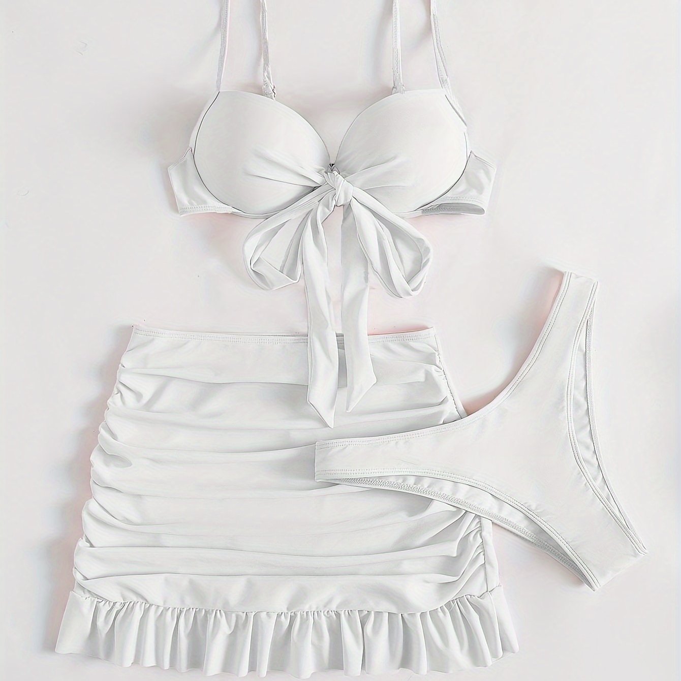 Three-Piece Beach Vacation Bikini Set - Stylish Tie-Front Top, Flirty Ruffle Hem Skirt, and Comfortable Swim Bottoms with Adjustable Straps, Perfect for Summer Getaways and Pool Parties