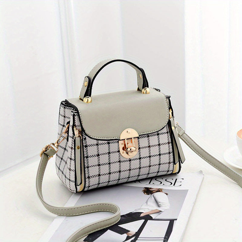 realaiot  Plaid Pattern Handbag, Women's Buckle Decor Flap Purse, Fashion PU Leather Crossbody Bag