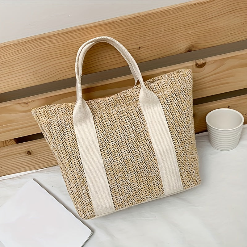 realaiot  Straw Woven Tote Bag For Women, Boho Style Summer Beach Bag, Small Braided Shoulder Bag For Travel