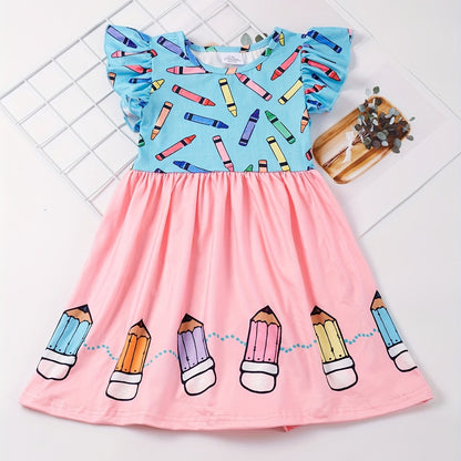 Toddler Girls Ruffle Trim Colorful Crayon Graphic Princess Dress For Back To School Season Party, Cute Kids Summer Clothes