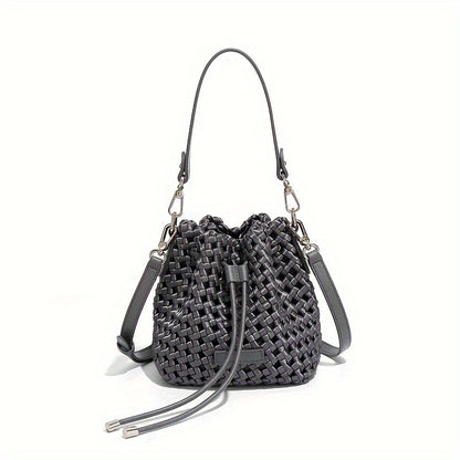 realaiot 2024 New Braided Design Bucket Bag, Solid Color Mini Fashion Trendy Handbag, Mini Leisure Shoulder Bag