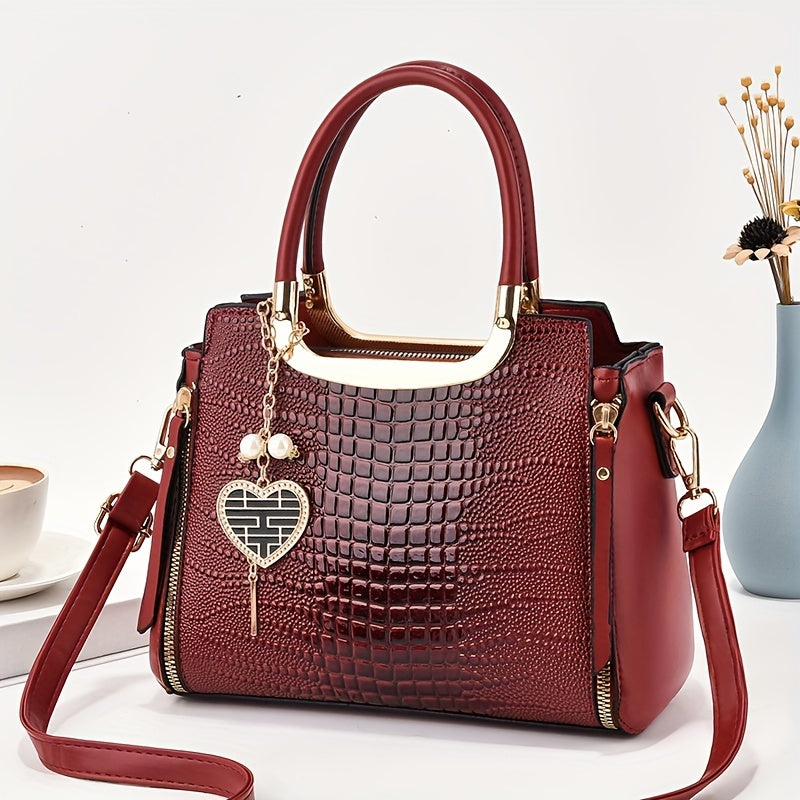 Heart Charms Decor Handbag, Stylish Crossbody Bag For Women, Elegant Glossy Satchel Purse