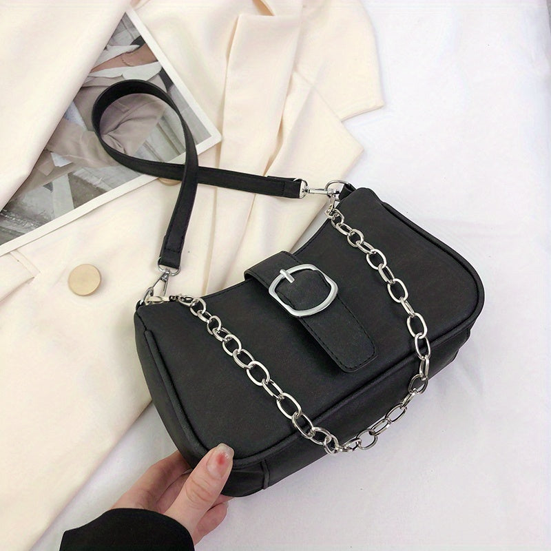 realaiot  Metal Chain Versatile Shoulder Bag, PU Leather Solid Color Square Bag, Buckle Decor Underarm Bag